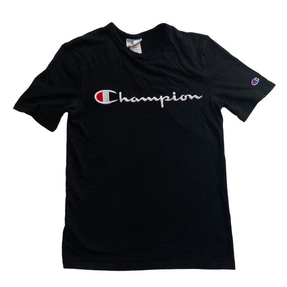 Champion Men's Size Small Black Short Sleeve Crew Neck Cotton Logo Casual Shirt - Picture 1 of 6